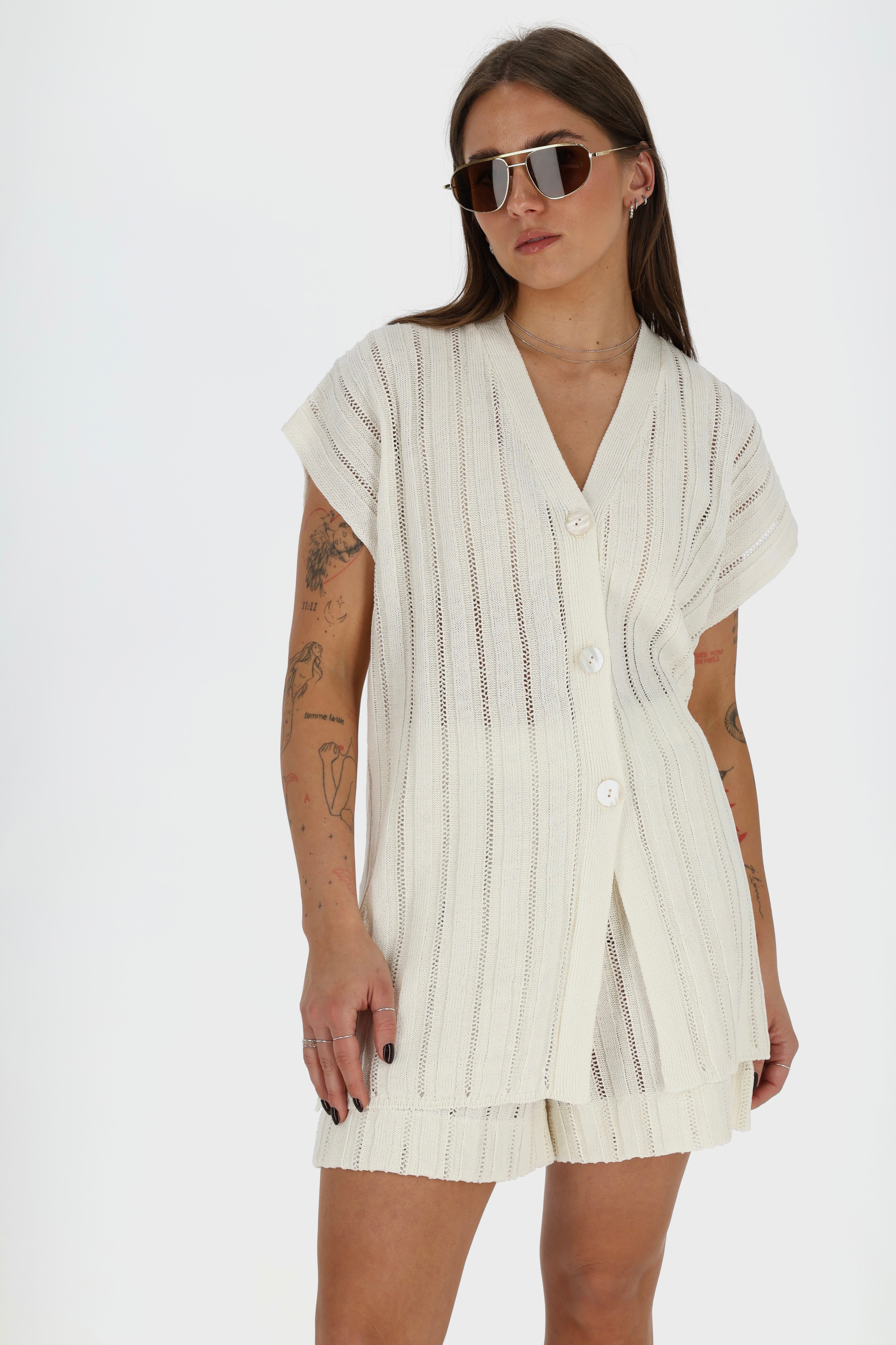 CAPRI Megztas Lino ir Medvilnės Šortų Dviejų Dalių Kostiumas