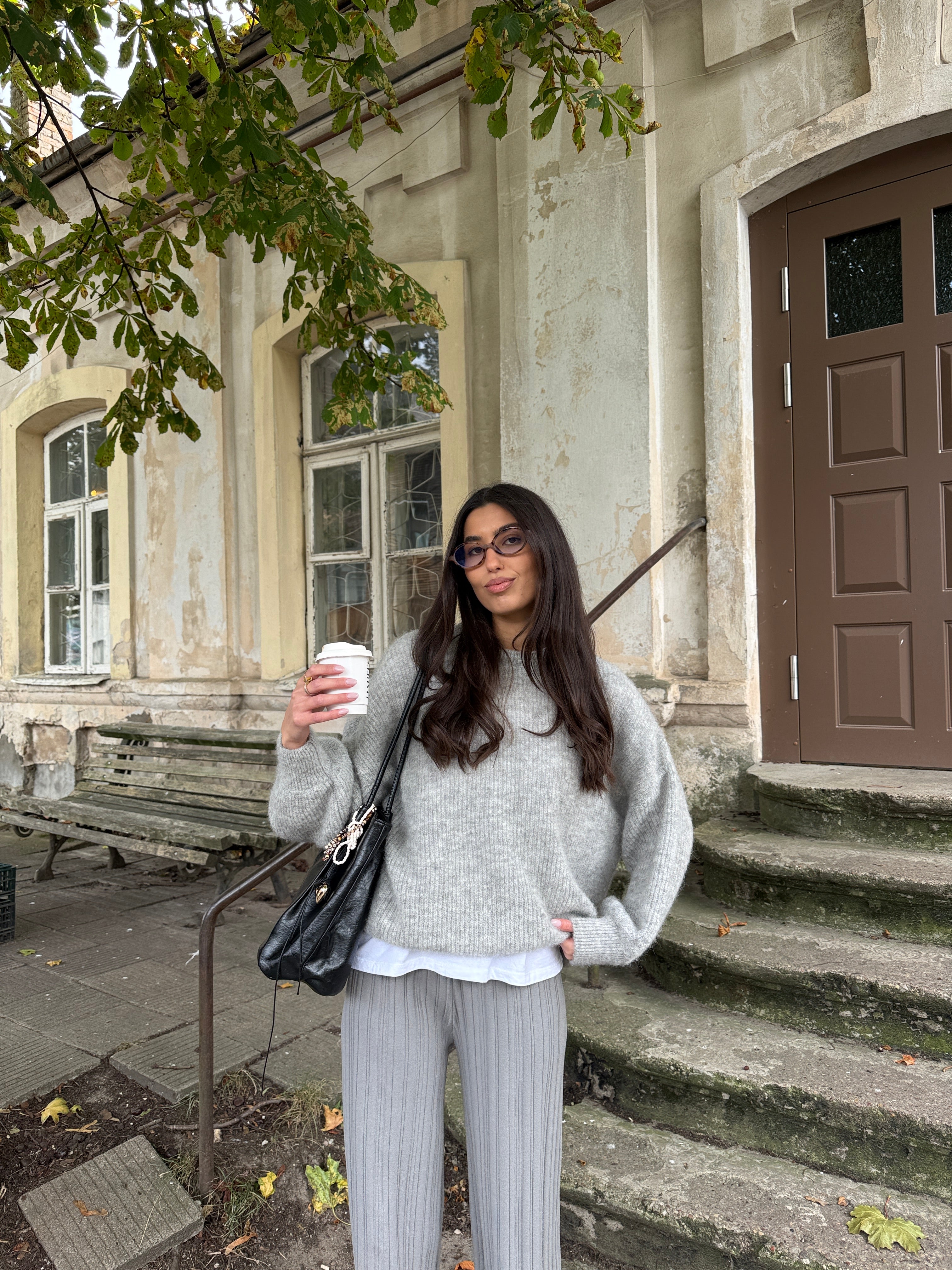 Copenhagen kelnių ir Alpakos Paris megztinio Dviejų Dalių Kostiumas Šviesiai Pilka