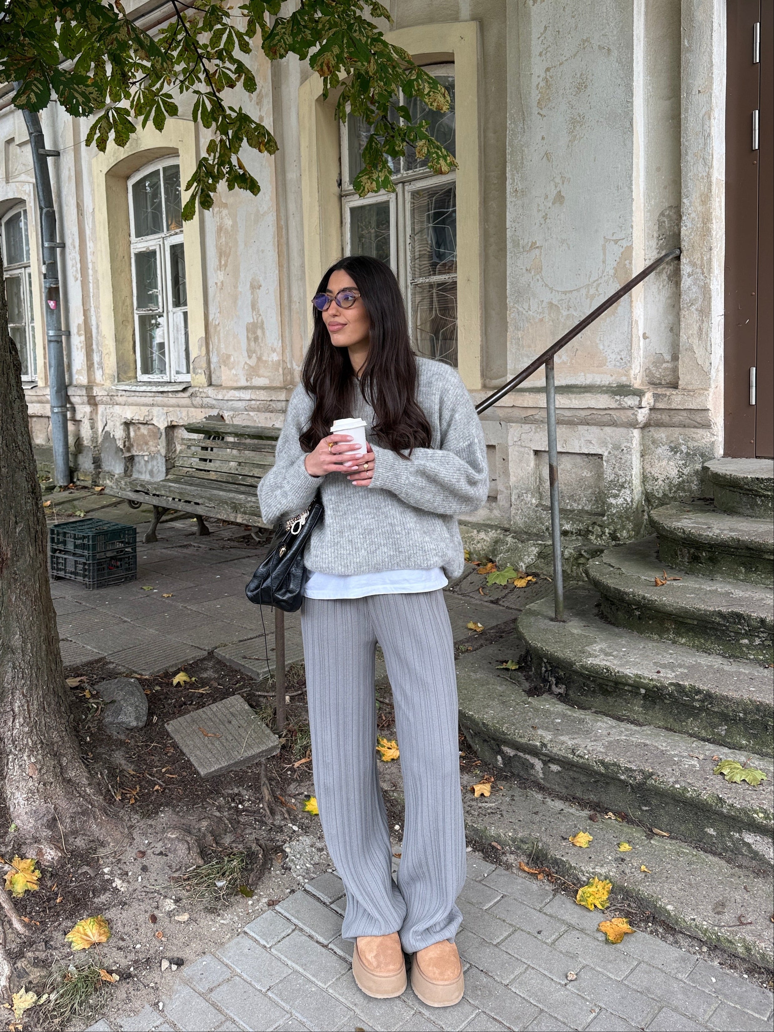 Copenhagen kelnių ir Alpakos Paris megztinio Dviejų Dalių Kostiumas Šviesiai Pilka