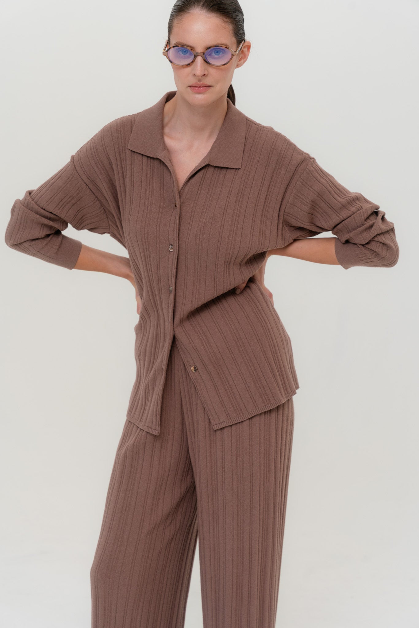COPENHAGEN Knitted Viscose Two-Piece Suit Brown