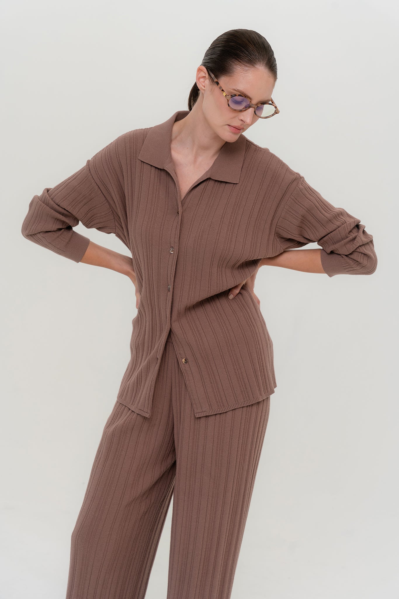 COPENHAGEN Knitted Viscose Three-Piece Suit Brown