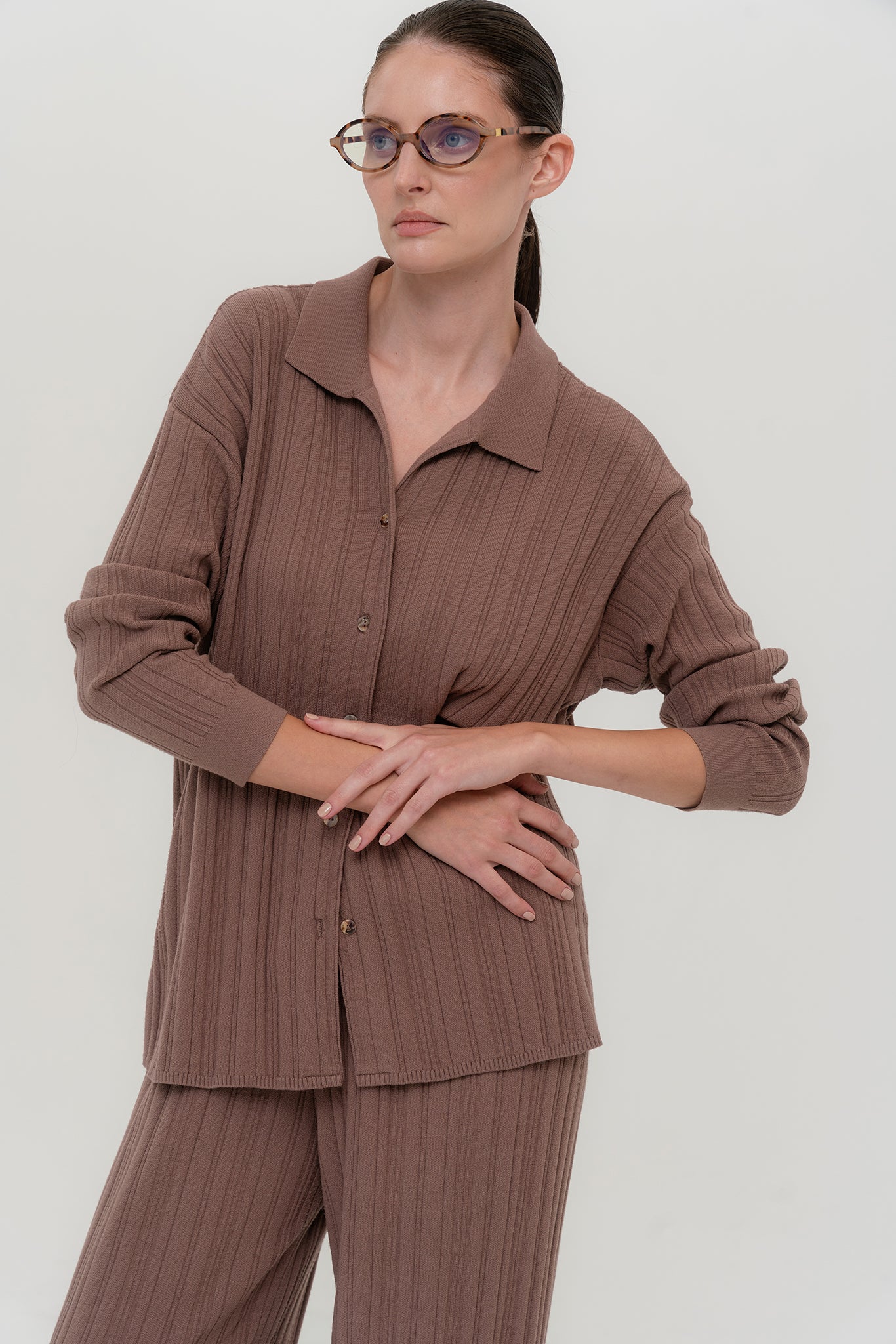 COPENHAGEN Knitted Viscose Two-Piece Suit Brown